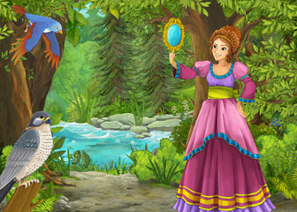 Fototapeta premium cartoon summer scene with meadow in the forest with beautiful princess girl romantic