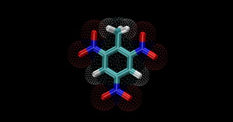 TNT, Trinitrotoluene or 2,4,6-trinitrotoluene 3D molecule, stick and surface representation