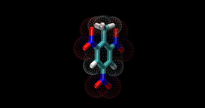 TNT, Trinitrotoluene or 2,4,6-trinitrotoluene 3D molecule, stick and surface representation
