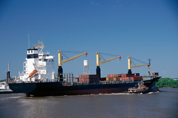 Container ship on Merkur River, Georgia
