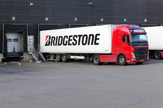 Kolding, Denmark - February 28, 2016: Bridgestone truck at a logistic center. Bridgestone is a multinational auto and truck parts manufacturer and one of the largest manufacturer of tires in the world