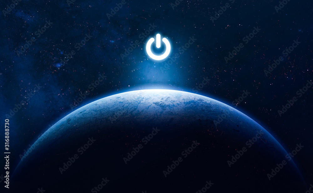 Wall mural Planet Earth and electric power button. Earth hour event. Ecology. Elements of this image furnished by NASA