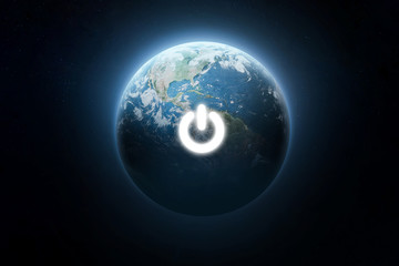 Planet Earth and electrical power button. Earth day and hour event. Ecology. Elements of this image furnished by NASA