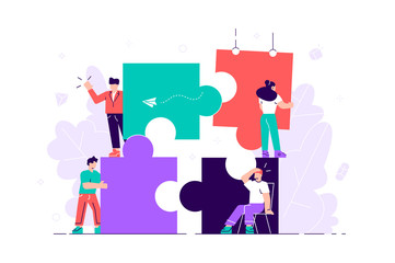 Business concept. Team metaphor. people connecting puzzle elements. Vector illustration flat design style. Symbol of teamwork, cooperation, partnership for web page, social media, documents, cards