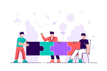 Business concept. Team metaphor. people connecting puzzle elements. Vector illustration flat design style. Symbol of teamwork, cooperation, partnership for web page, social media, documents, cards