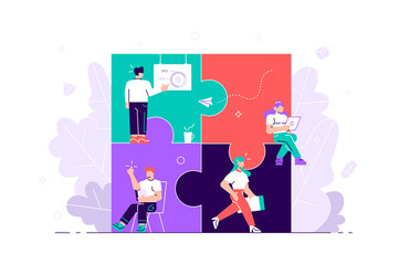 Business concept. Team metaphor. people connecting puzzle elements. Vector illustration flat design style. Symbol of teamwork, cooperation, partnership for web page, social media, documents, cards