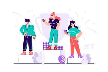 People stand on the podium first