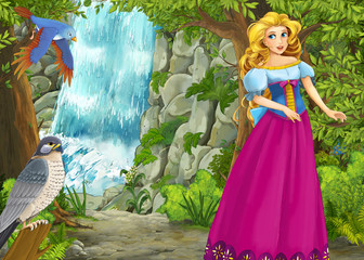 cartoon summer scene with meadow in the forest with beautiful princess girl romantic