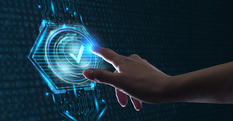 Standard quality control. Certification. Business, technology, internet and networking concept. Young businessman select the icon on the virtual display.