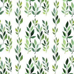 Seamless pattern with watercolor green leaves art background