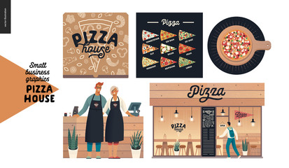 Pizza house -small business graphics -owners and facade. Modern flat vector concept illustrations - man and woman wearing aprons at the wooden counter, pizzeria front, box, poster, pizza on the board
