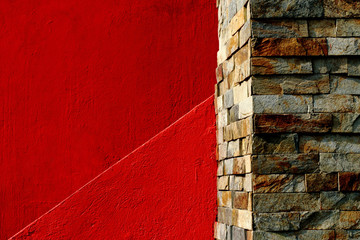 Abstract minimalist architecture,red wall and stone bricks