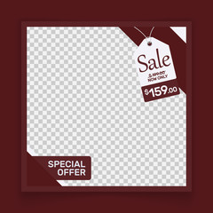 social media post template for furniture or fashion promotion banner. red color advertising with price tag frame photo vector illustration. red maroon instagram story banner sale