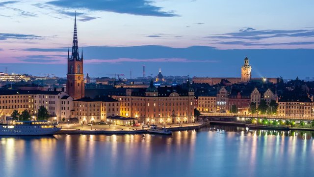 Panoramic view of Gamla Stan at dawn. Stockholm city skyline. Clouds move across the purple sky. Time lapse video.