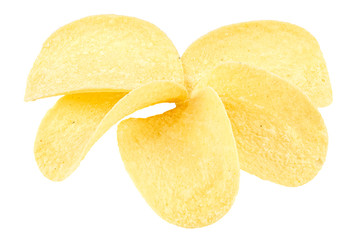 Yellow slices of potato chips with sour cream and onions isolated on white background close-up