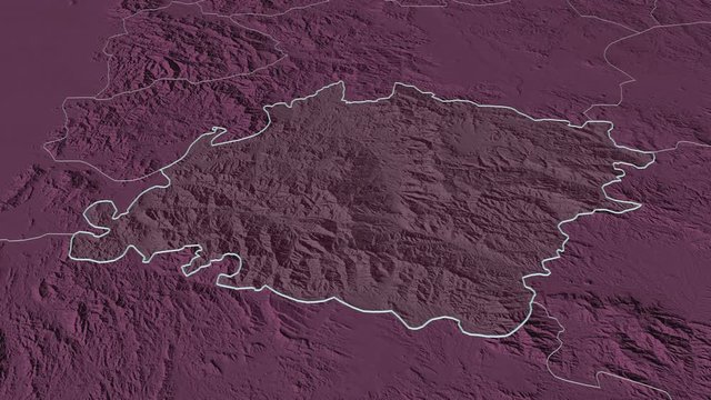 Ibb, governorate with its capital, zoomed and extruded on the administrative map of Yemen in the conformal Stereographic projection. Animation 3D