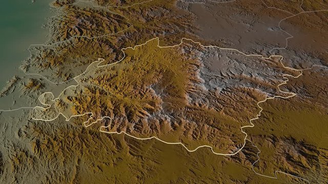 Ibb, governorate with its capital, zoomed and extruded on the relief map of Yemen in the conformal Stereographic projection. Animation 3D