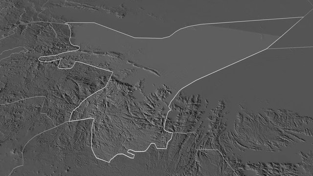 Ma'rib, governorate with its capital, zoomed and extruded on the bilevel map of Yemen in the conformal Stereographic projection. Animation 3D
