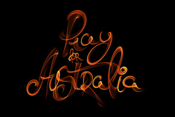The phrase Pray for Australia made of fire flame or smoke. Poor animals die in flames. Unmanageable fire and disaster. The earth is waiting for the saving rain