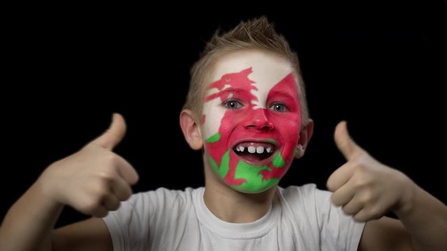 Happy boy rejoices victory of his favorite team of Wales. A child with a face painted in national colors. Portrait of a happy young fan. Joyful emotions and gestures. Victory. Triumph.
