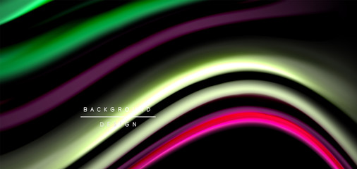 Abstract silk smooth lines on black, multicolored liquid fluid rainbow style waves on black