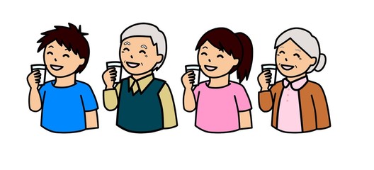 コップに入れた牛乳を美味しそうに飲んでいる人々