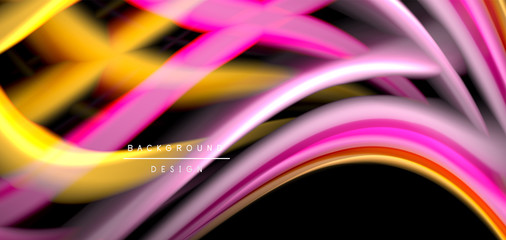 Abstract silk smooth lines on black, multicolored liquid fluid rainbow style waves on black
