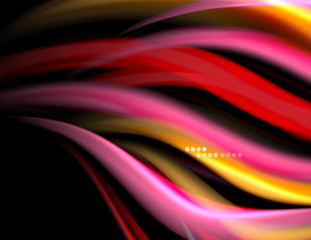 Silk smooth lines on black, liquid fluid color waves. Vector Illustration
