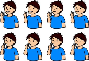 コップに入れた牛乳を飲む男性のさまざまな表情