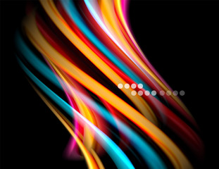 Silk smooth lines on black, liquid fluid color waves. Vector Illustration