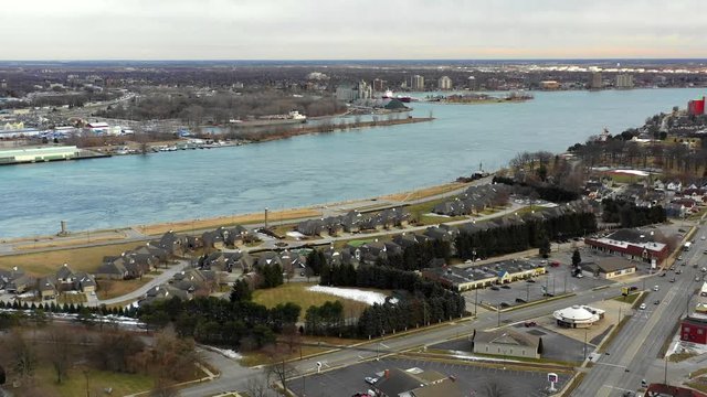 Aerial video St Clair River between USA and Canada