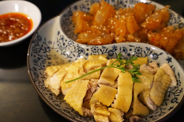 Spicy chili jelly fish salad served with Chinese drunken chicken