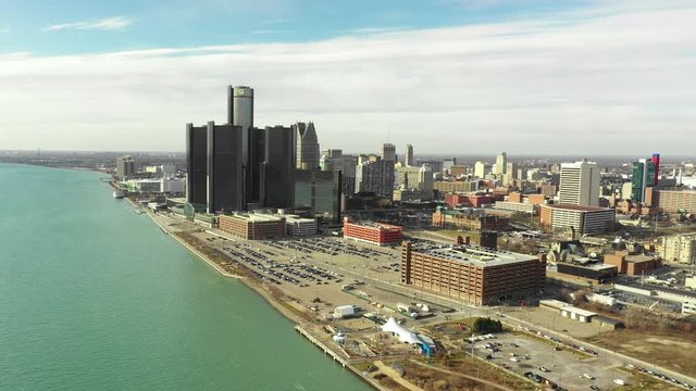 View of Detroit from the river aerial video 4k