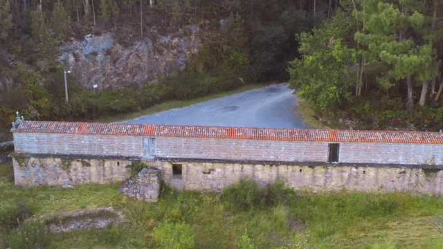 Horreo Do Arano, old Galician granary, Rianxo, Spain.High angle panning left shot