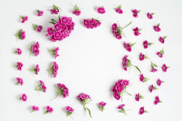 Floral arrangement with copy space. Template for greeting card or design. Frame of pink carnations on a white wooden background