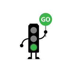 illustration vector graphic of a traffic light that is holding a sign that reads GO with a green light that is on which shows the vehicle must be running immediately suitable for learning logos