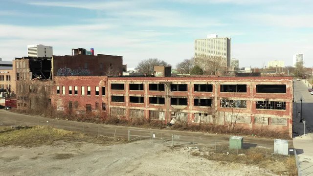 Aerial video abandoned warehouse Detroit Michigan USA