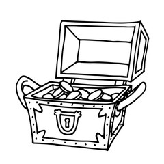 opened wooden treasure chest with golden coins, pirate trove, symbol of fortune and wealth, vector illustration with black contour lines isolated on a white background in a Doodle and hand drawn style