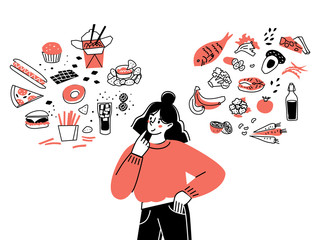 Girl character chooses between healthy and unhealthy food. Comparing fast food and balanced menu. The concept of a healthy diet.