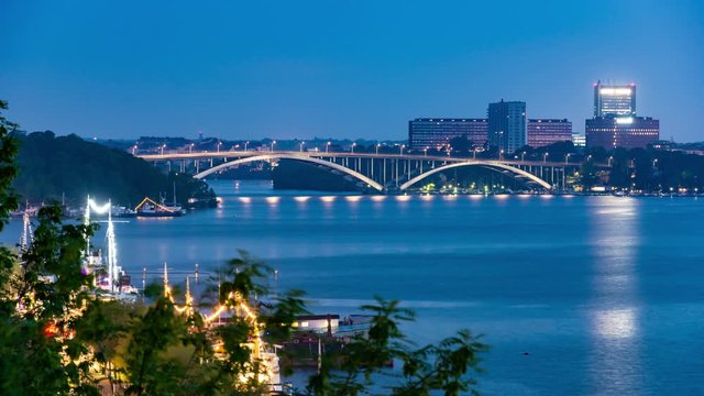 Panoramic view of Vasterbron or Western bridge at dawn, Stockholm, Sweden. Time lapse video.