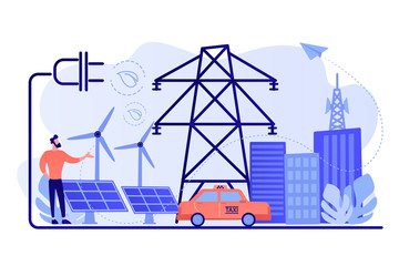 Businessman in green city and electric car using alternative fuel. Alternative fuels, chemically stored electricity, non-fossil sources concept. Pinkish coral bluevector isolated illustration