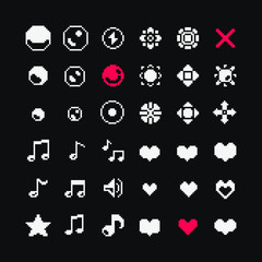 1-bit  symbols icons set, bubble, heart, like, note, music, download, design for mobile app, logo game, sticker, web,  badges and patches. Isolated pixel art vector illustration. Game assets.