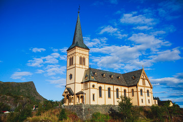 Fototapeta na wymiar Lofoten Cathedral built in 1898 year, Lutheran parish church, Norway, Lofoten Islands, sunny summer day