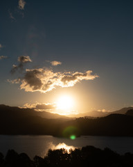 Beautiful sunset over the Andes Mountains and Alumine Lake in Villa Pehuenia, Argentina. 