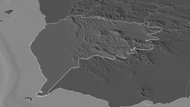Ta`izz, governorate with its capital, zoomed and extruded on the bilevel map of Yemen in the conformal Stereographic projection. Animation 3D