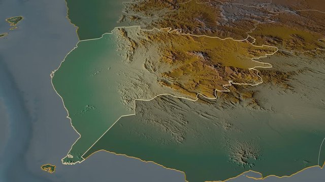 Ta`izz, governorate with its capital, zoomed and extruded on the relief map of Yemen in the conformal Stereographic projection. Animation 3D