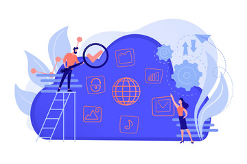 Two users searchig for big data in the cloud. Computing storage technology, large database, data analysis, digital information concept. Vector isolated illustration.
