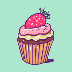 Cupcake with strawberry. Hand draw vector illustration. Cartoon style.