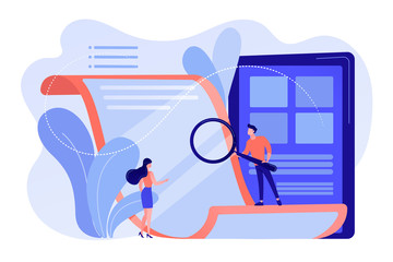 Tiny business people with magnifier reading electronic paper document. Electronic paper, e-ink technology, low energy consumption display concept. Pinkish coral bluevector isolated illustration