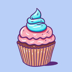 Cupcake with pink and blue cream. Hand draw vector illustration. Cartoon style.
